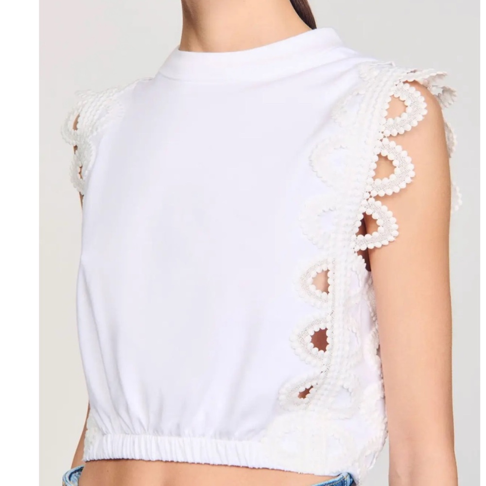 Sandro White Lace Sleeve Women's Cropped Blouse
